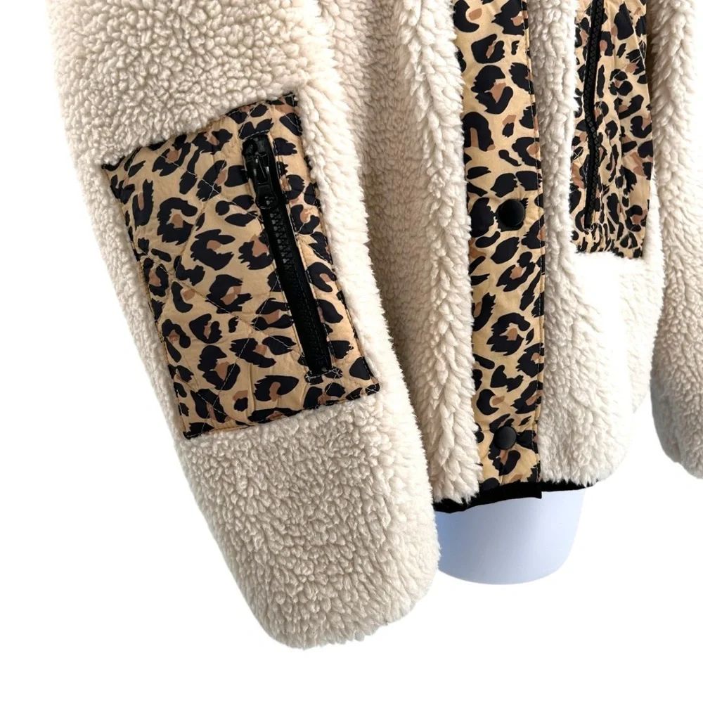 Rails Dean Fleece Teddy Jacket Size XS Ivory Leopard Mix - Picture 5 of 12